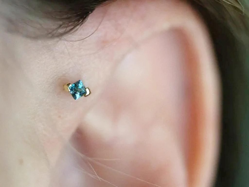14k gold helix piercing stud with blue topaz
